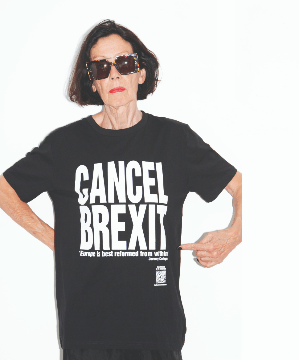 Katherine Hamnett wears her cancel Brexit T-shirt