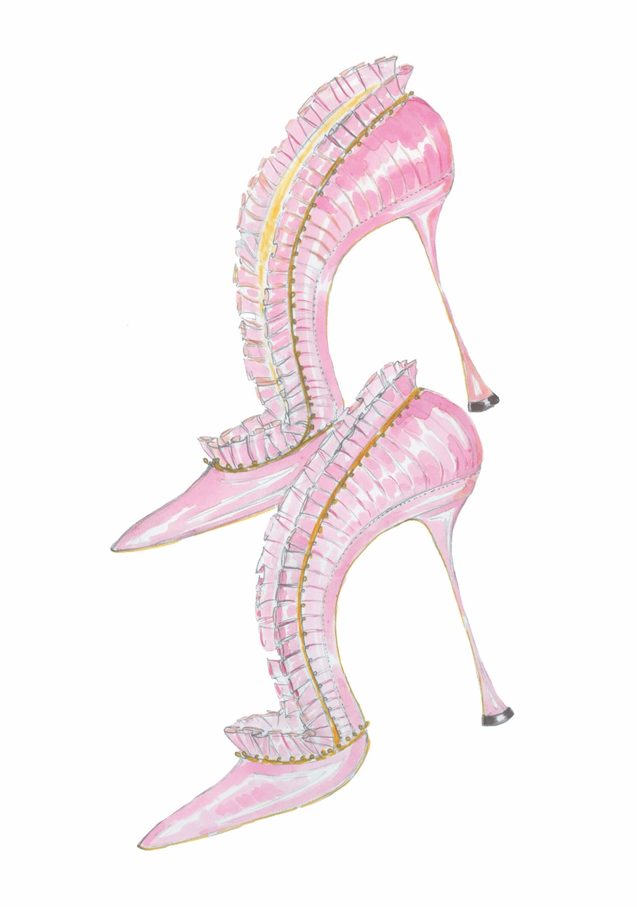 Illustration of pink court shoe with frill egding by Manolo Blahnik