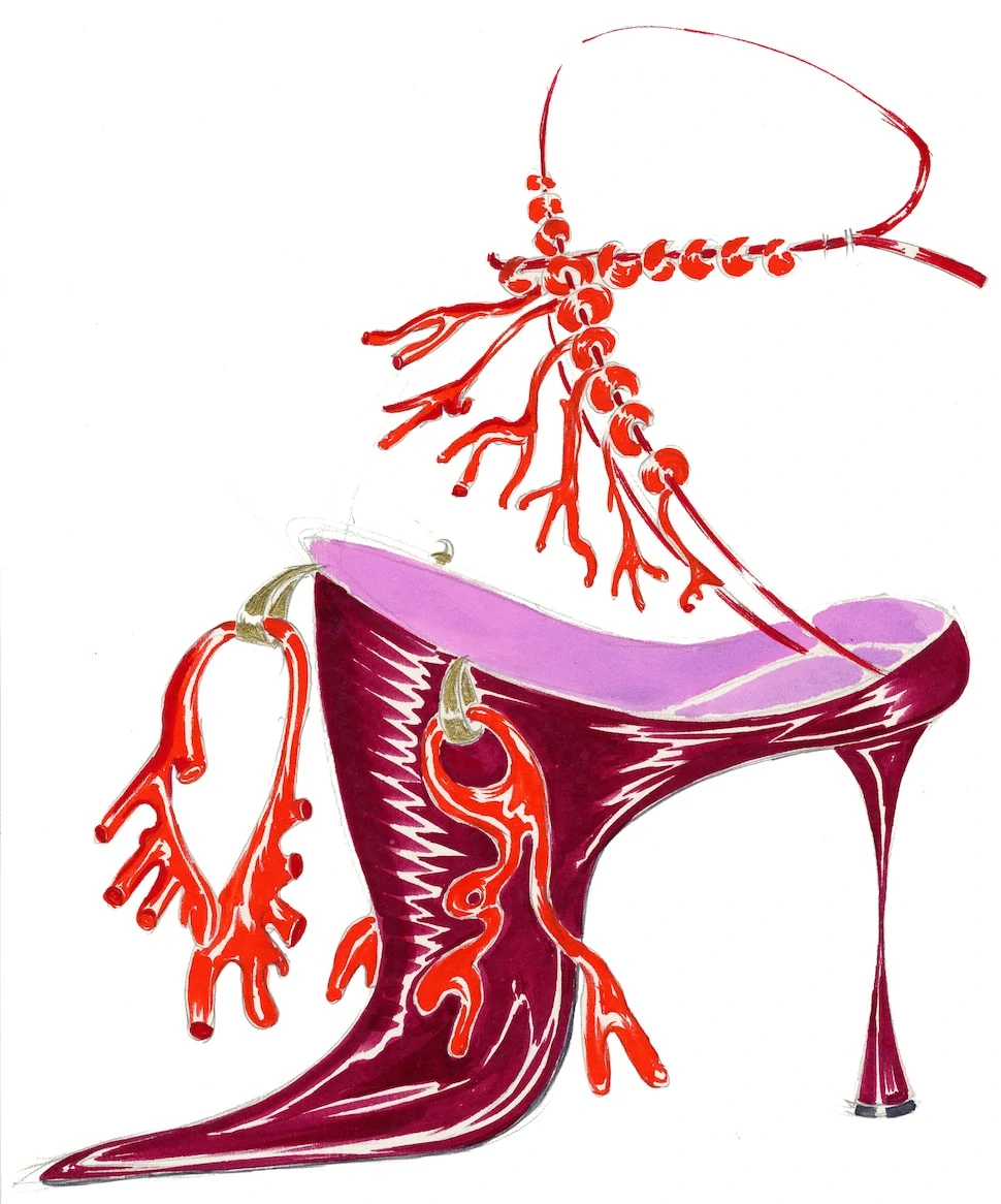 Illustration Of Red Shoe With Coral Embellishment By Manolo Blahnik
