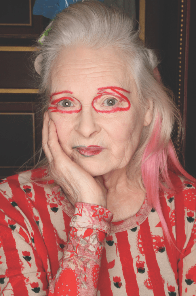 Vivienne Westwood wears red eye make-up backstage
