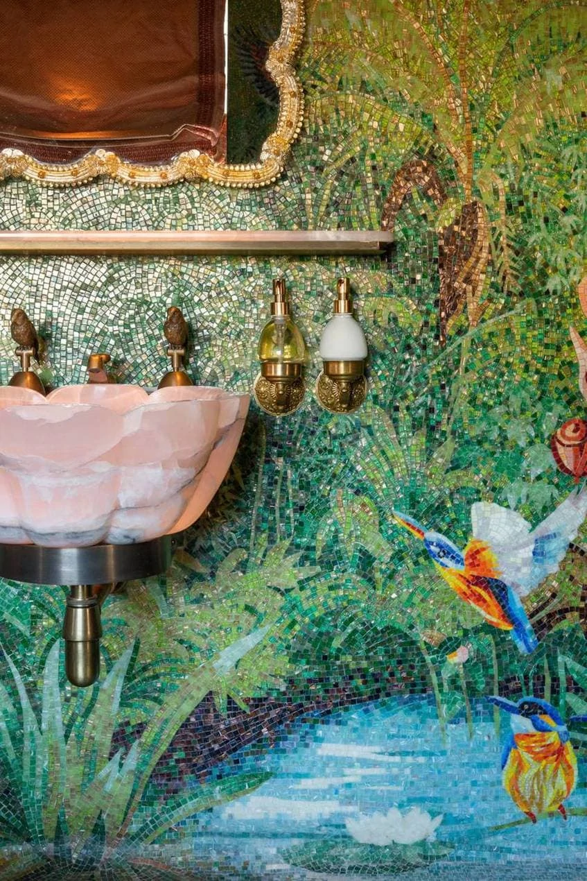 Pink Sink And Mosaic Wall In Annabel'S Bathroom Designed By Martin Brudnizki Design Studio