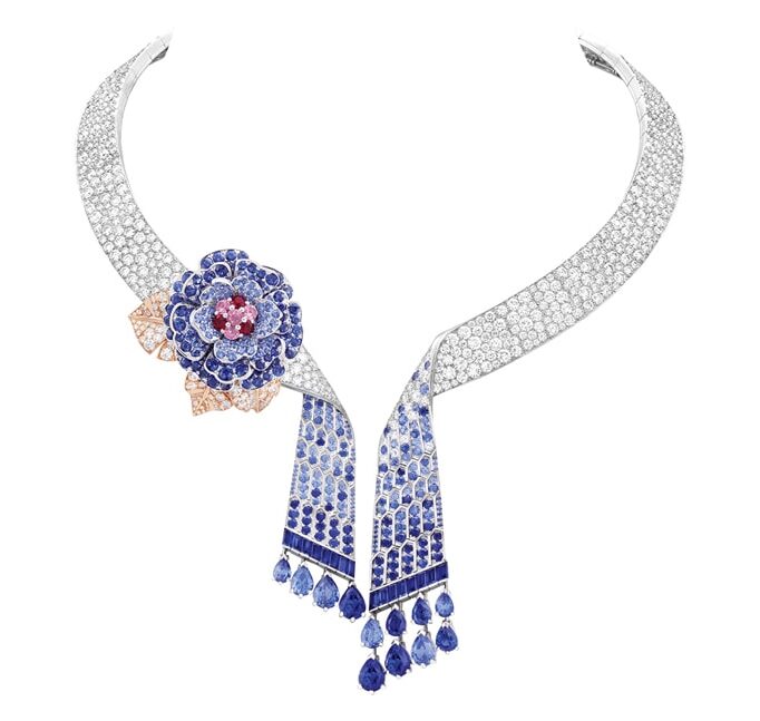 Van Cleef & Arpels Rose Montague Necklace, diamonds sapphires and rubies set in white and rose gold