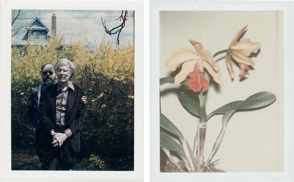 A self-portrait photograph of the artist Andy Warhol with Henry Geldzahler, and one of his photos of flowers