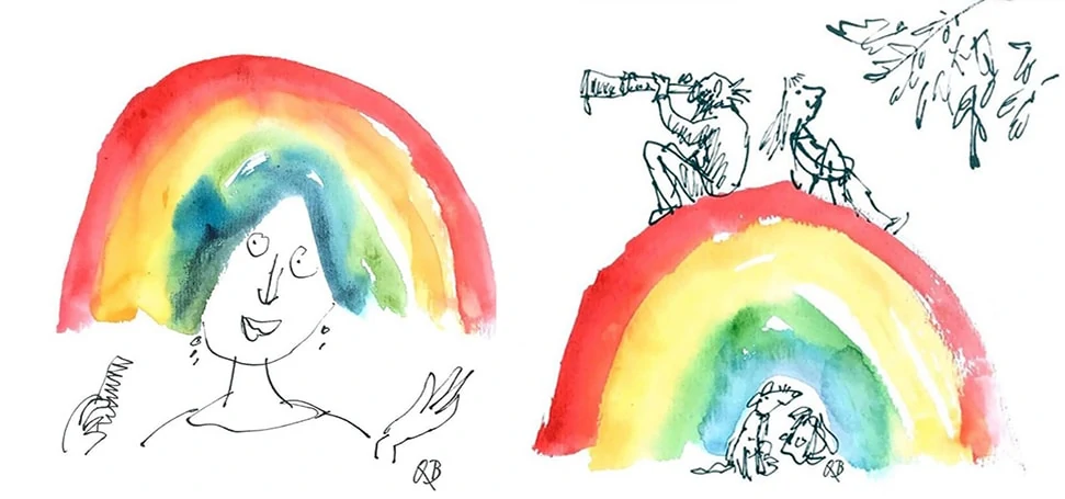One of the rainbow illustrations by Sir Quentin Blake, featuring a woman with rainbow hair and a rainbow hill