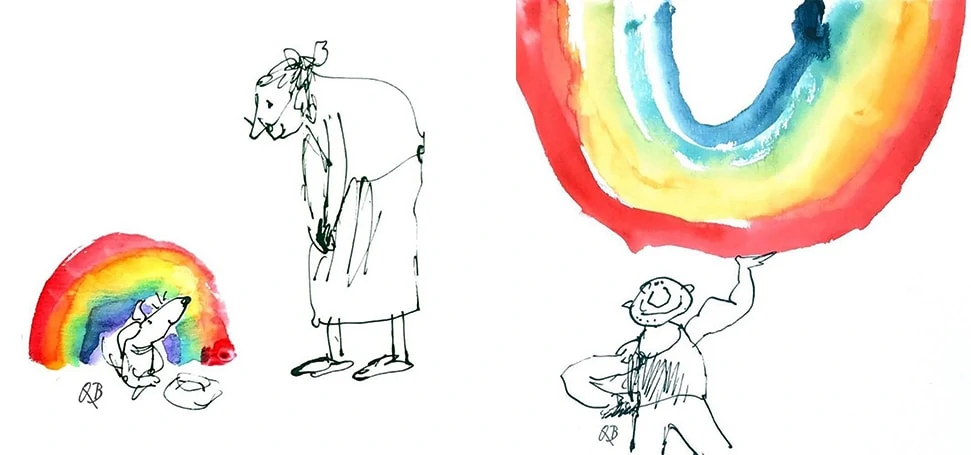 Two Of The Rainbow Illustrations By Sir Quentin Blake, Including A Dog Using A Rainbow As A Kennel And A Man Using One As A Weight