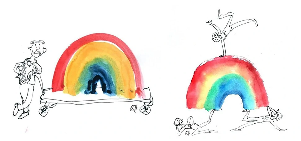 Two of the rainbow illustrations by Sir Quentin Blake, including a rainbow on a trolley and someone doing gymnastics on a rainbow