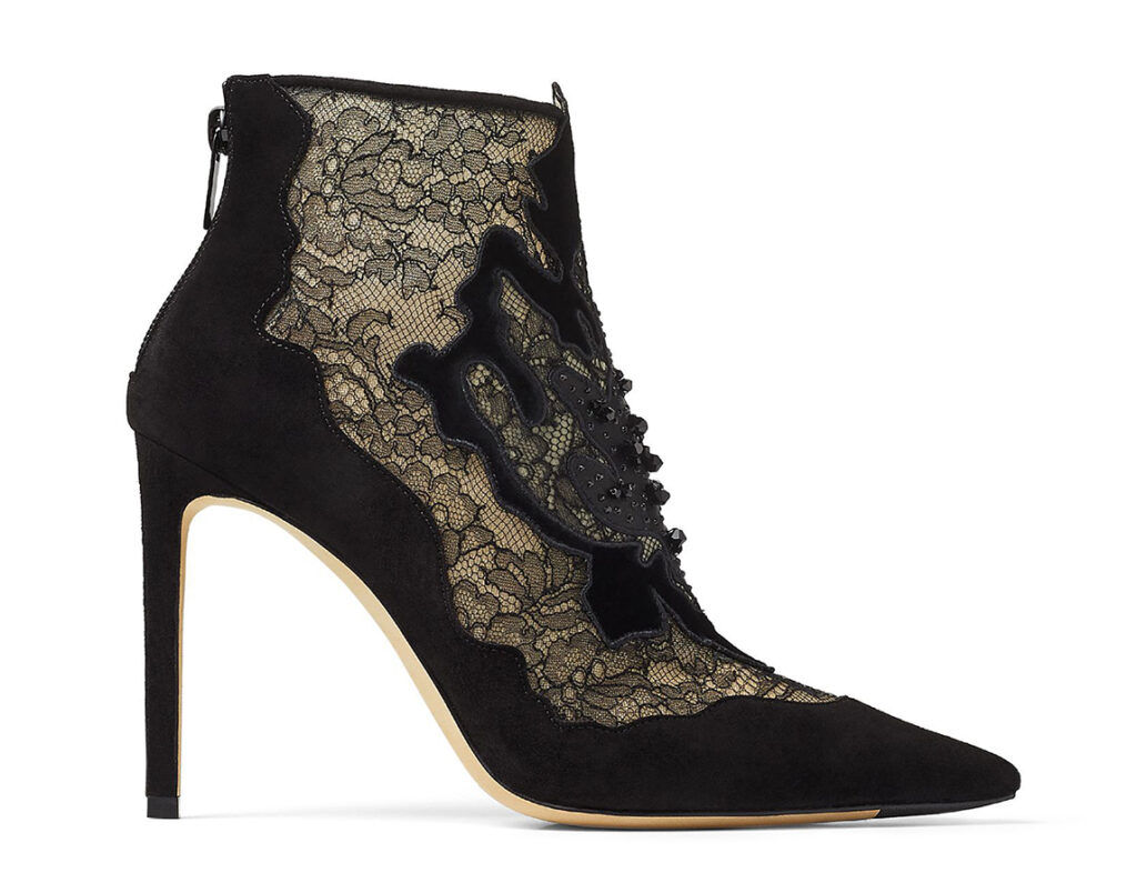 Last-minute luxury gifts to buy loved ones (and yourself) this Christmas JIMMY CHOO LORRE 100 Black Suede and Lace Ankle Boots with Floral Embellishment 1095 JIMMY CHOO