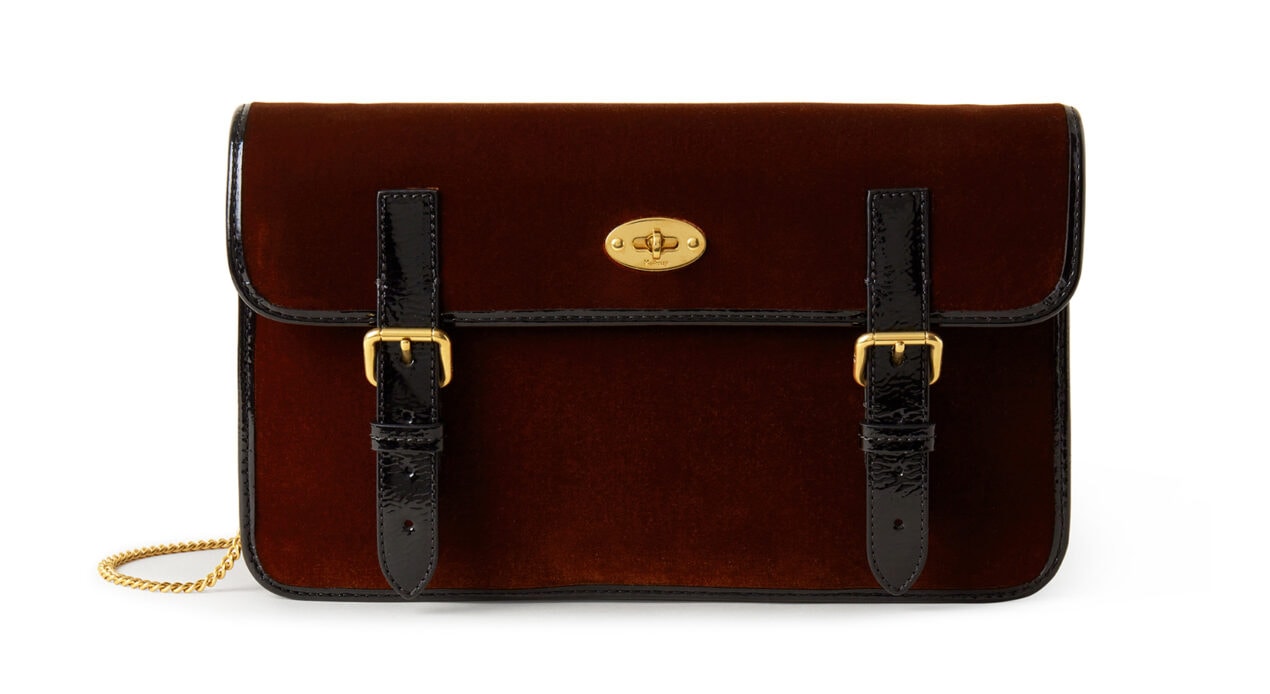 Mulberry X Alexa Chung: New Handbag Collection – 'Little Guy' Clutch, Velvet W Patent Trim, Tan-Black, £795