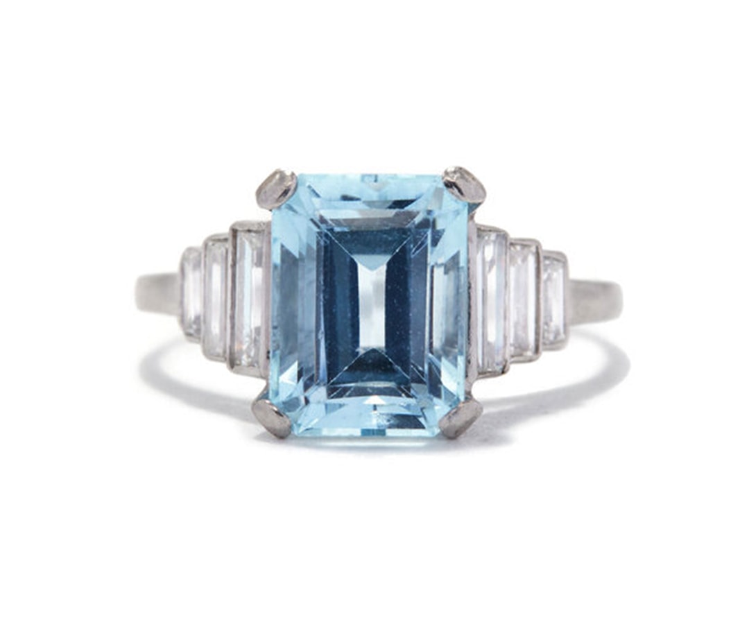 March birthstone: Exquisite aquamarine jewellery to shine in this spring Ashley Zhang Art Deco Aquamarine and Baguette Diamond Ring