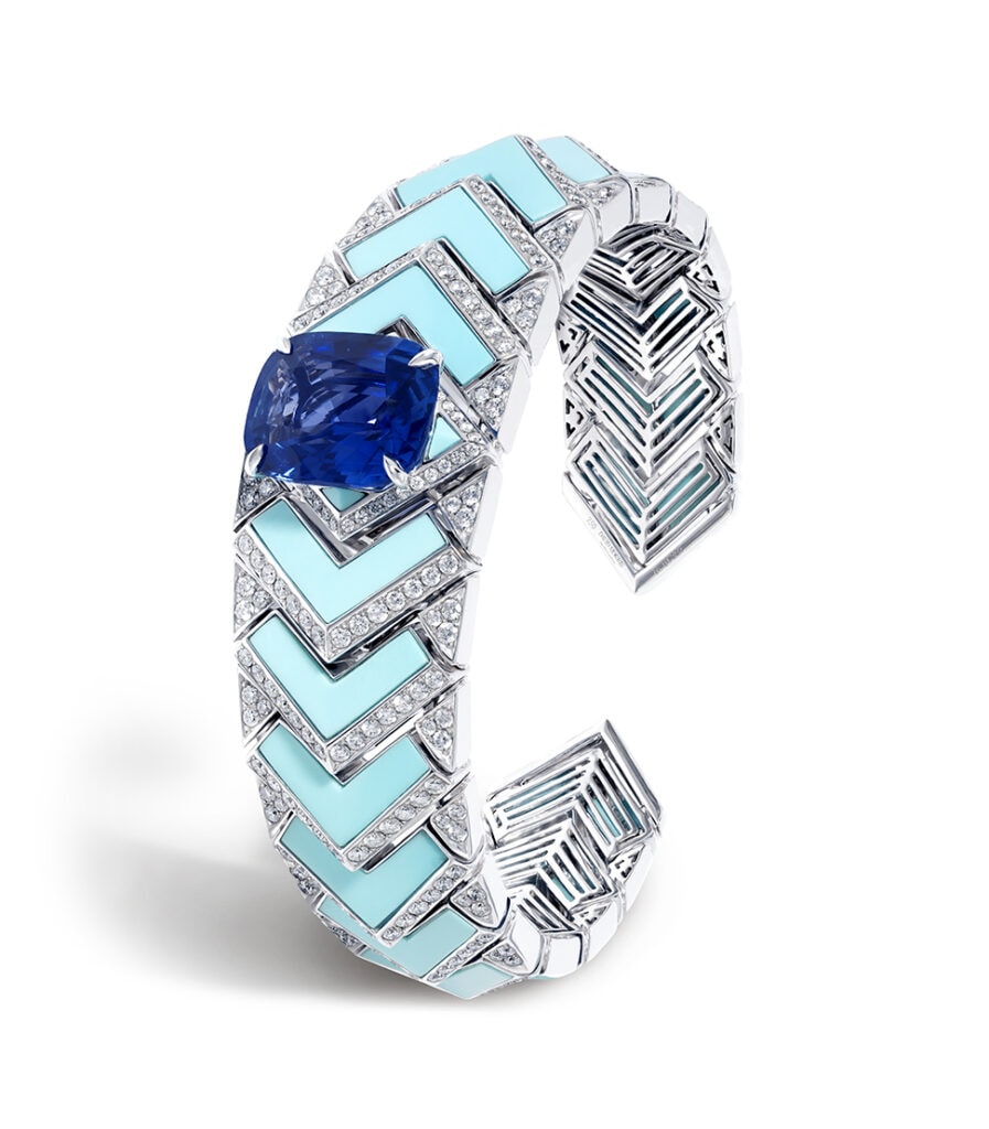 The spectacular high jewellery collections from Paris Haute Couture Fashion Week 2022 David Morris Tetras bangle with 15ct turquoise 10ct blue sapphire and 3ct white diamonds set in 18ct white gold 1