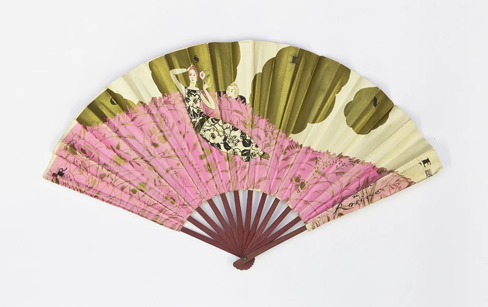 <em>Wild and Cultivated: Fashioning The Rose</em> celebrates fashion’s love affair with roses Folding fan advertising Parfums de Rosine for Poiret. France ca. 1911 1914